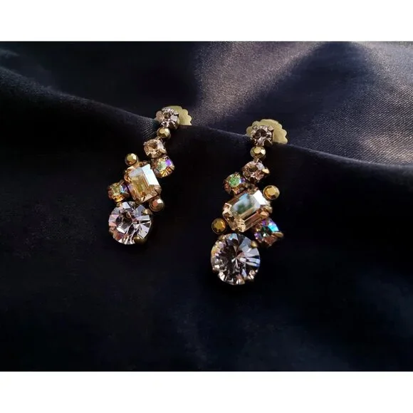 Vintage SORRELLI Dark Amber Yellow Rhinestones Bronze Toned Earrings - Picture 2 of 4